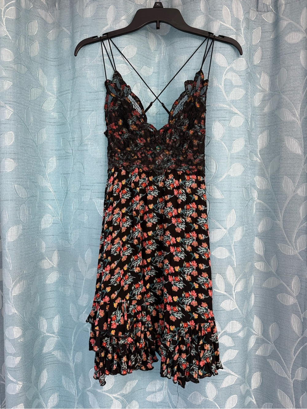 Free People Black Floral Slip Dress with Lace Bodice